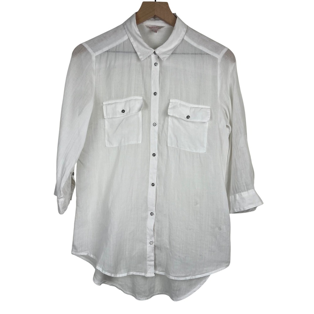 Esprit Womens White Ramie Cotton‎ Button Down Roll Tab Sleeve Shirt Size US 6